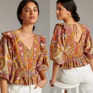 Anthropologie Love The Label Paisley Blouse With Puff Sleeves